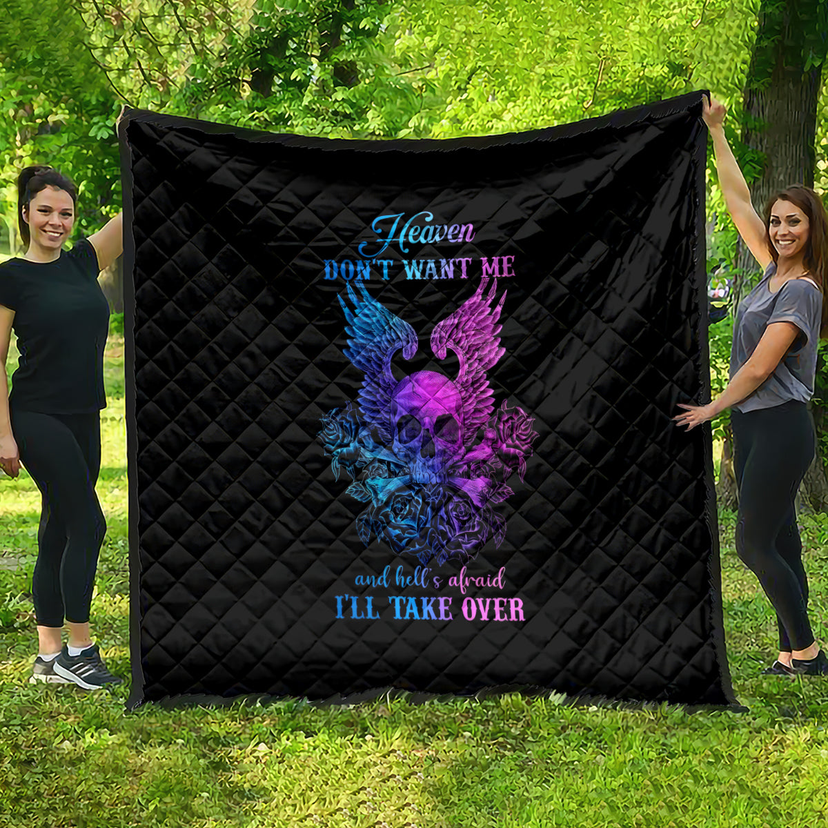 Wings Skull Quilt Heaven Don't Want Me Hell Afraid I Take Over - Wonder Print Shop