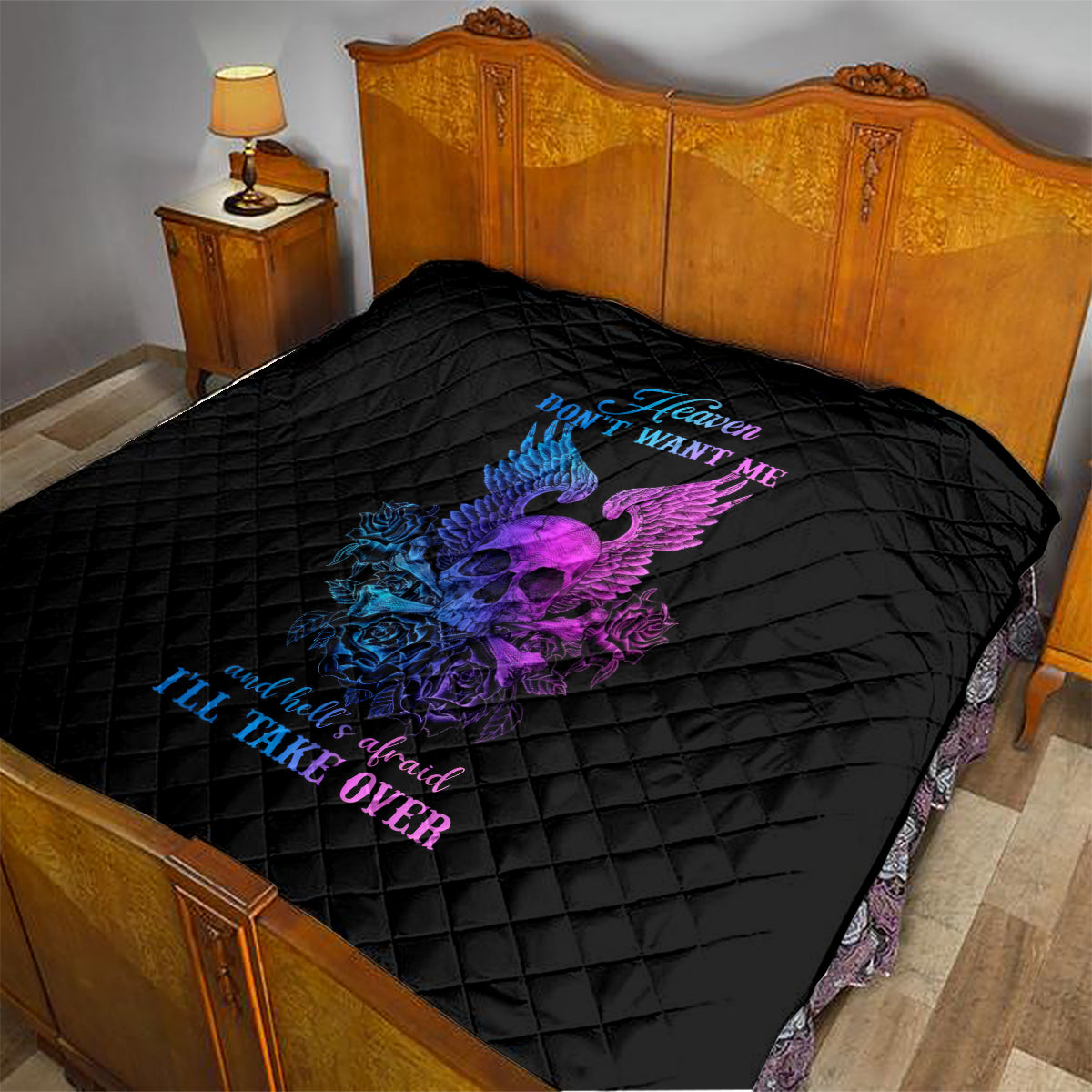 Wings Skull Quilt Heaven Don't Want Me Hell Afraid I Take Over - Wonder Print Shop
