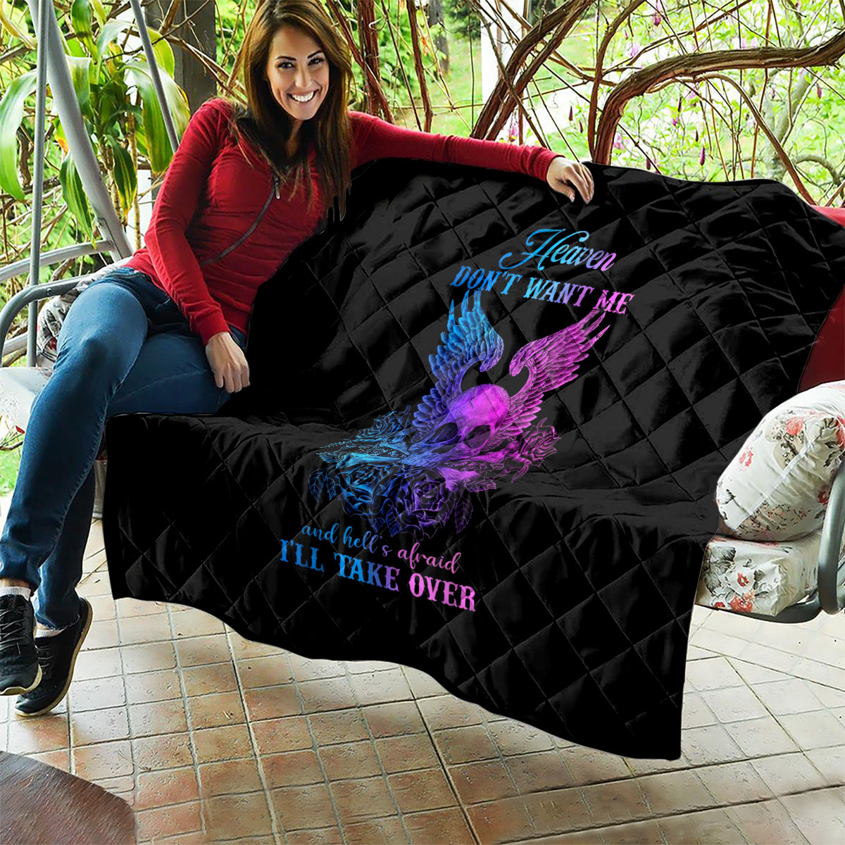 Wings Skull Quilt Heaven Don't Want Me Hell Afraid I Take Over - Wonder Print Shop