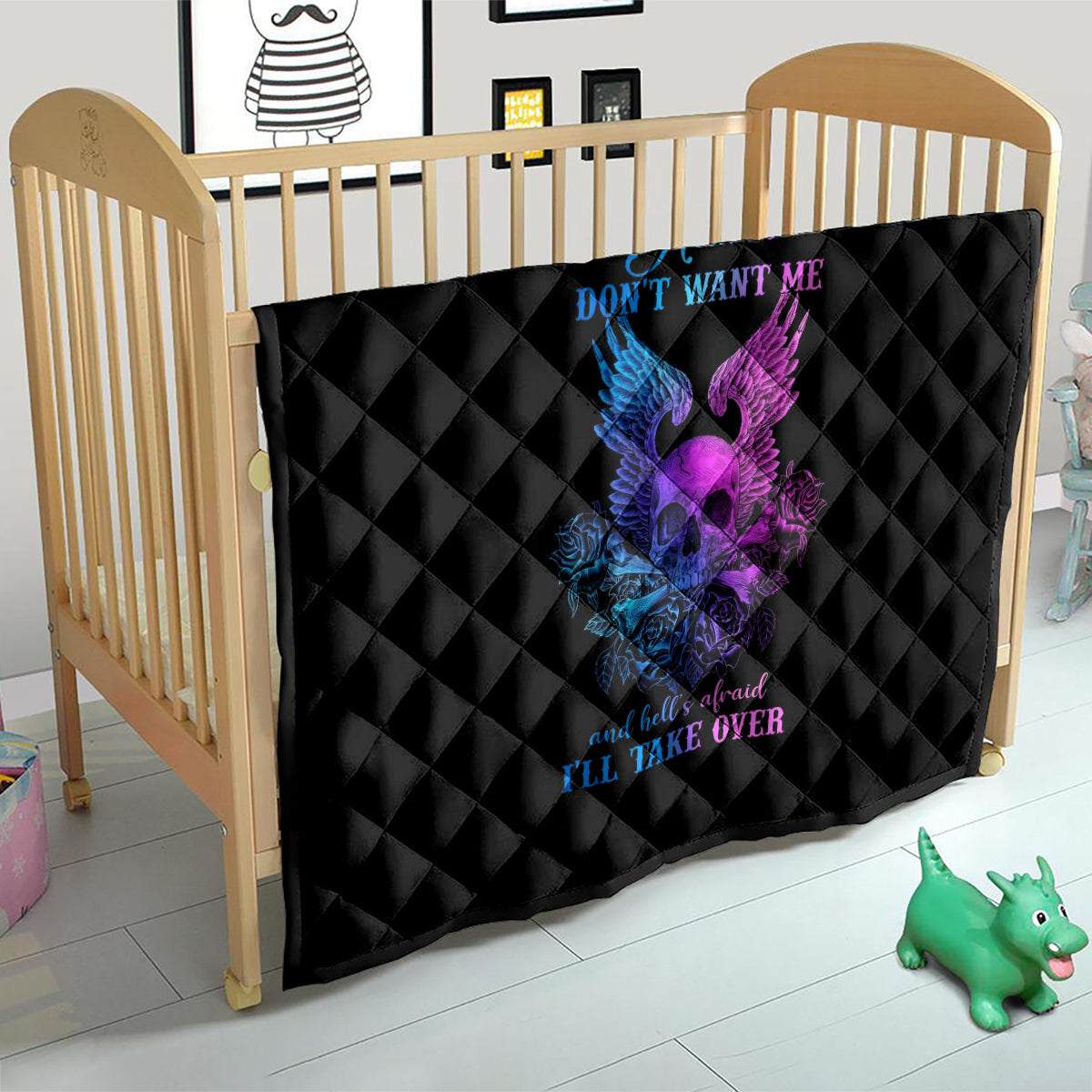 Wings Skull Quilt Heaven Don't Want Me Hell Afraid I Take Over - Wonder Print Shop