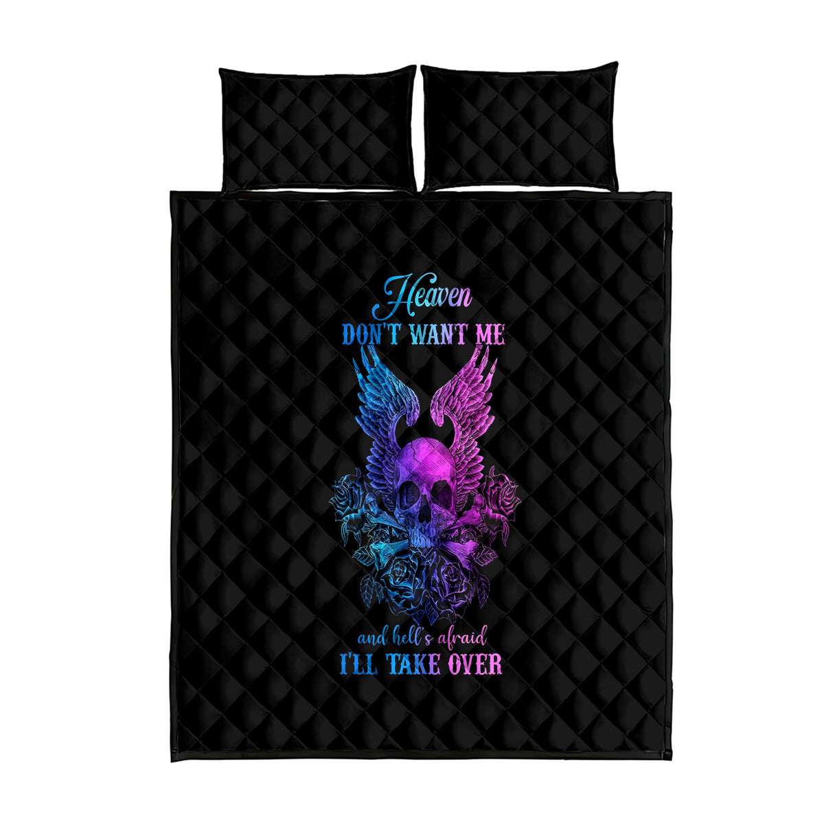 Wings Skull Quilt Bed Set Heaven Don't Want Me Hell Afraid I Take Over - Wonder Print Shop
