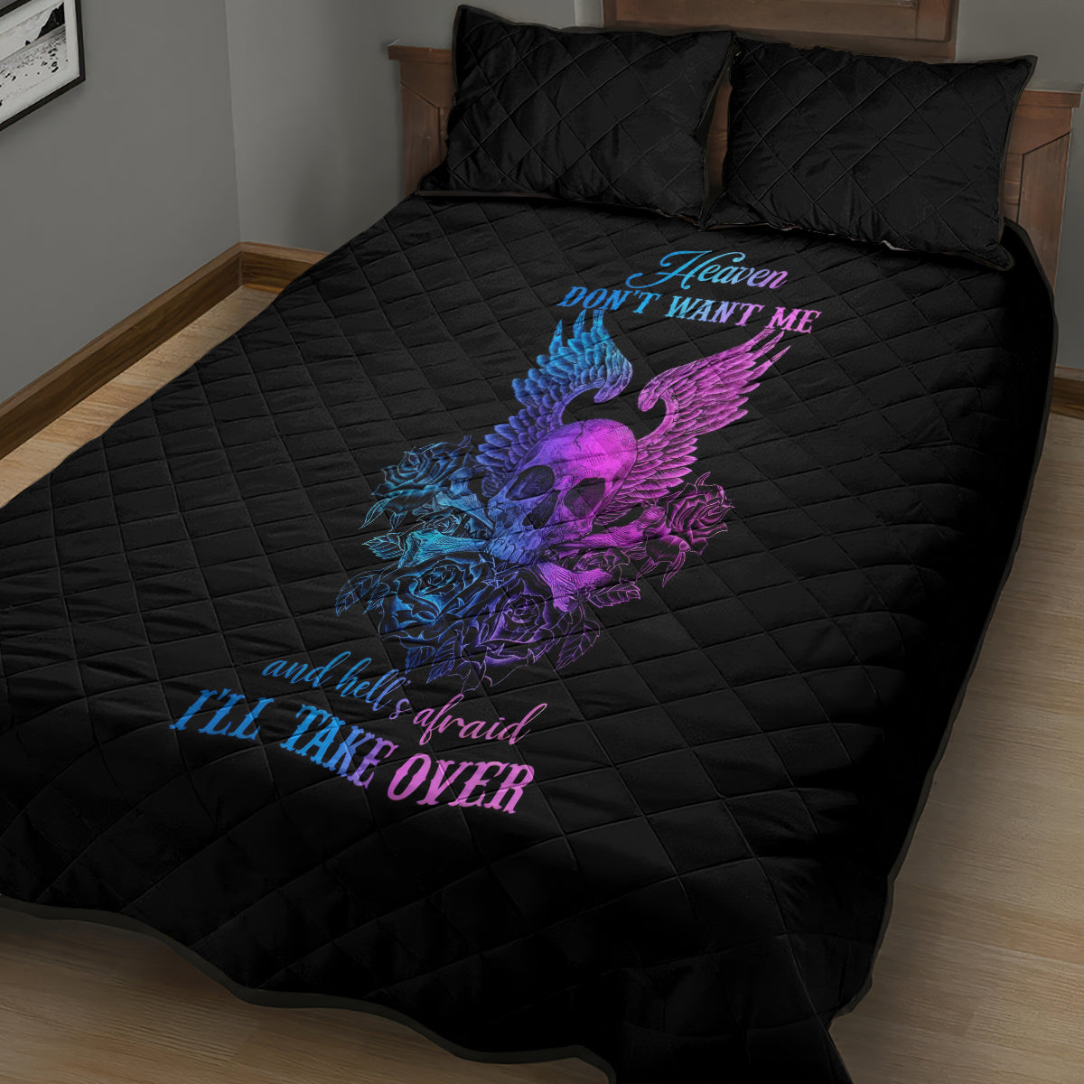 Wings Skull Quilt Bed Set Heaven Don't Want Me Hell Afraid I Take Over - Wonder Print Shop