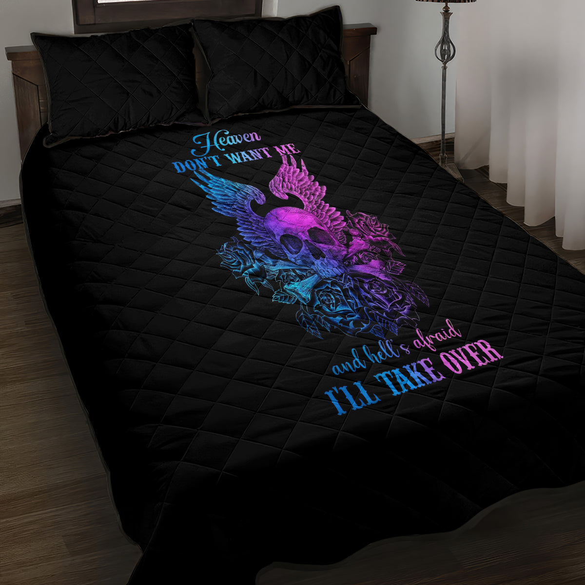 Wings Skull Quilt Bed Set Heaven Don't Want Me Hell Afraid I Take Over - Wonder Print Shop