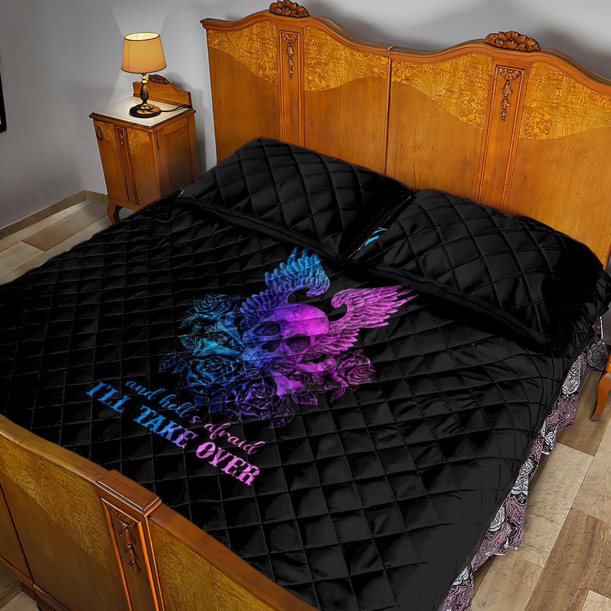 Wings Skull Quilt Bed Set Heaven Don't Want Me Hell Afraid I Take Over - Wonder Print Shop