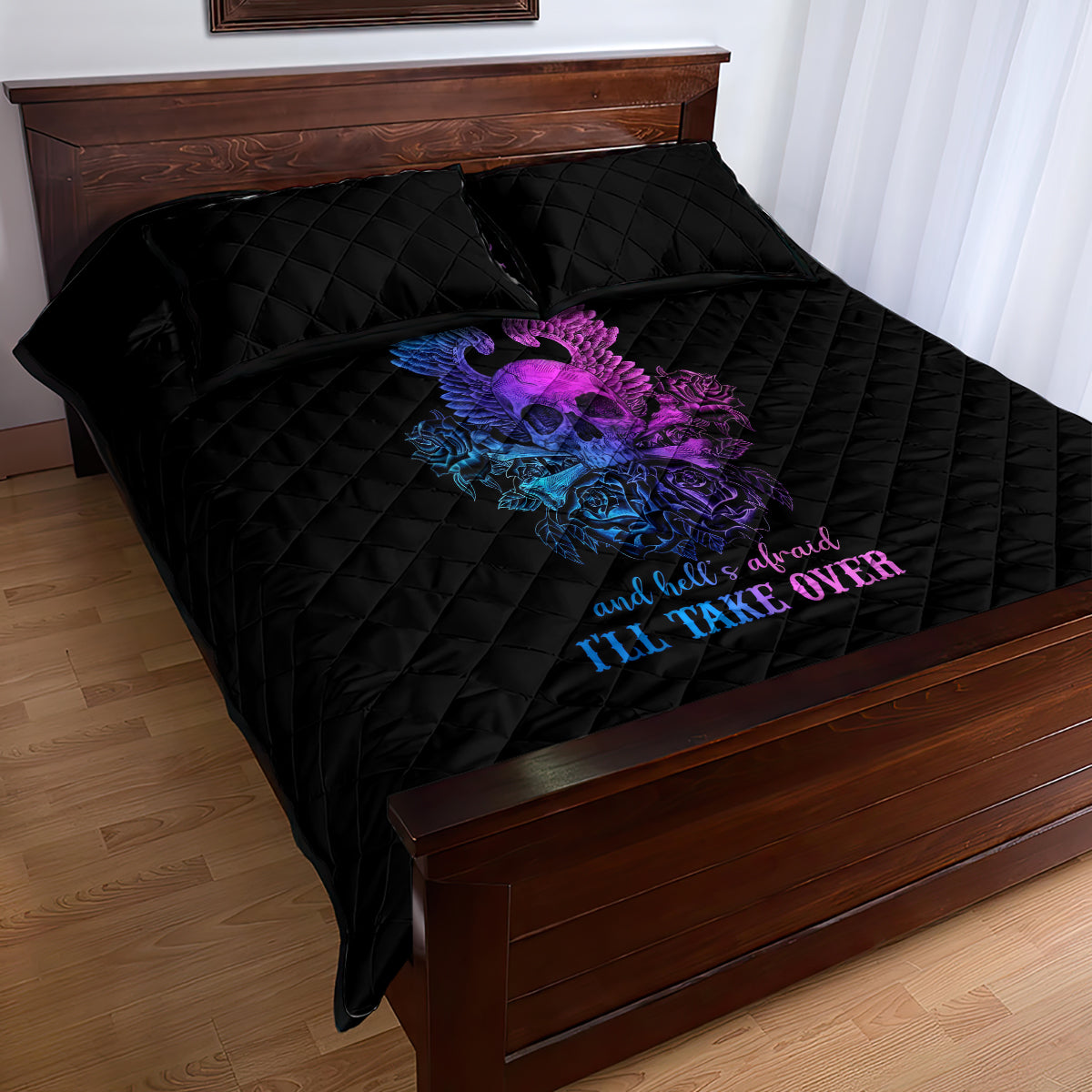 Wings Skull Quilt Bed Set Heaven Don't Want Me Hell Afraid I Take Over - Wonder Print Shop