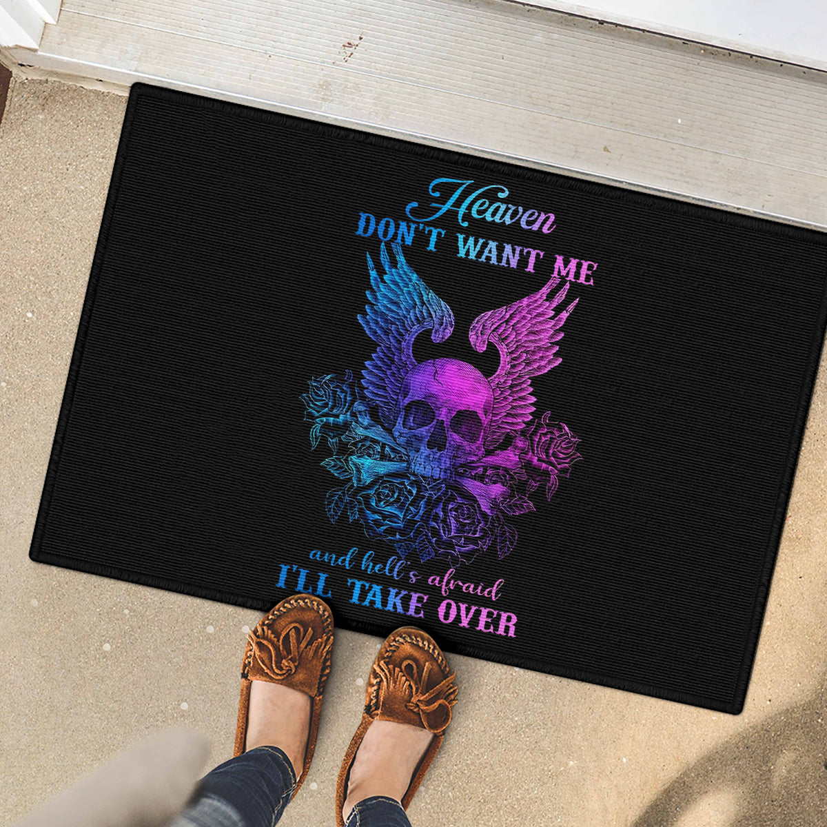 Wings Skull Rubber Doormat Heaven Don't Want Me Hell Afraid I Take Over - Wonder Print Shop