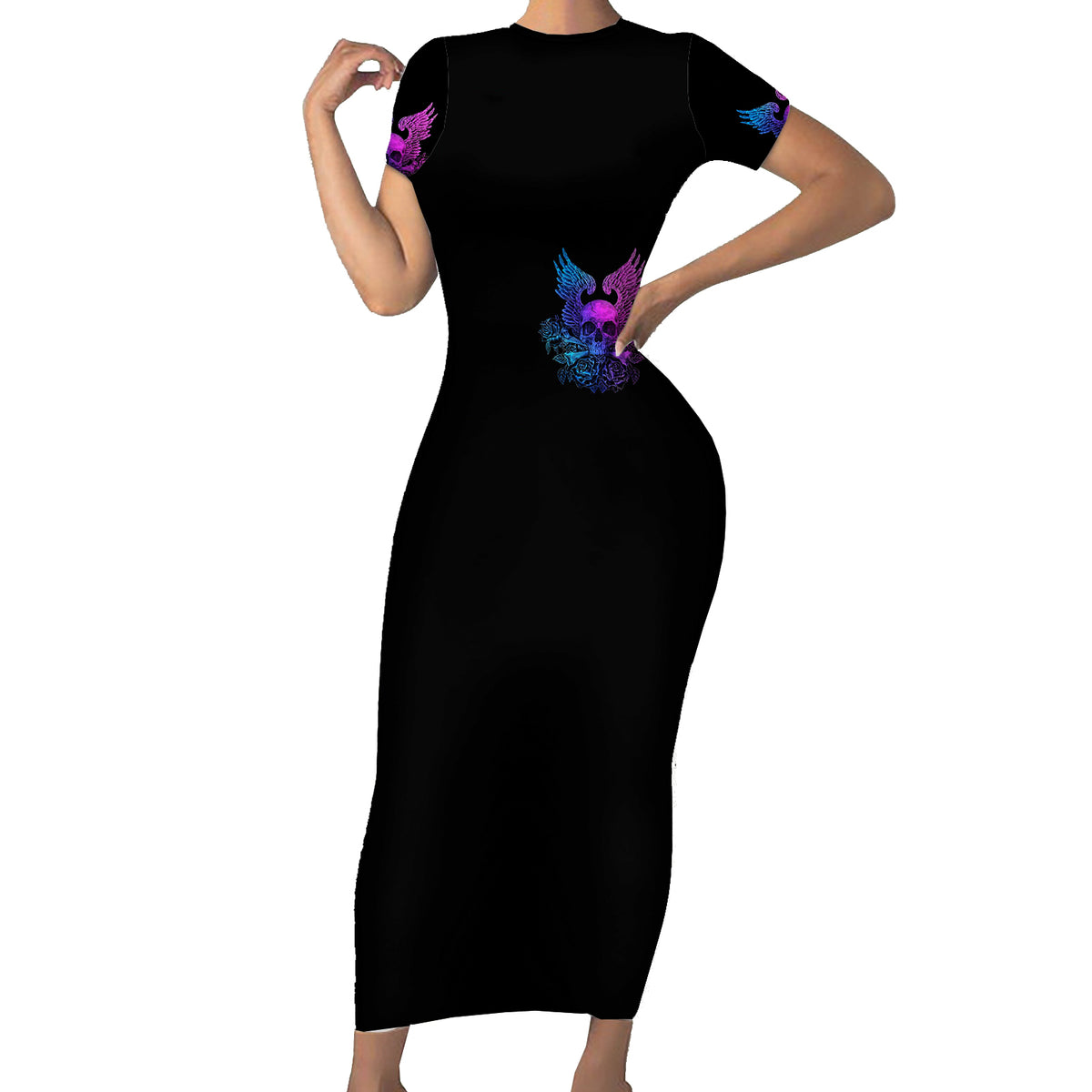 Wings Skull Short Sleeve Bodycon Dress Heaven Don't Want Me Hell Afraid I Take Over - Wonder Print Shop