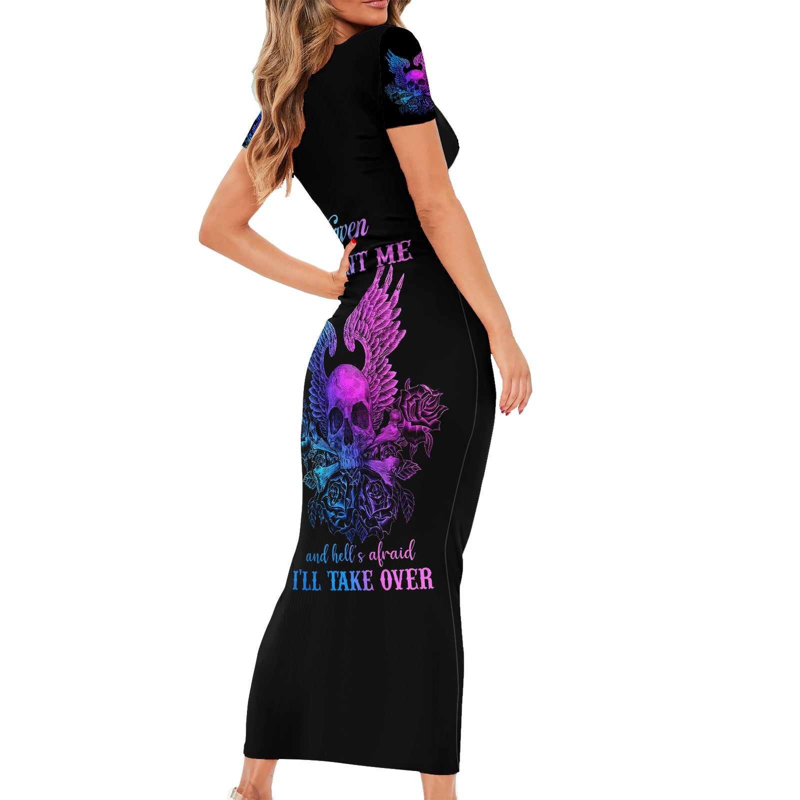 Wings Skull Short Sleeve Bodycon Dress Heaven Don't Want Me Hell Afraid I Take Over - Wonder Print Shop