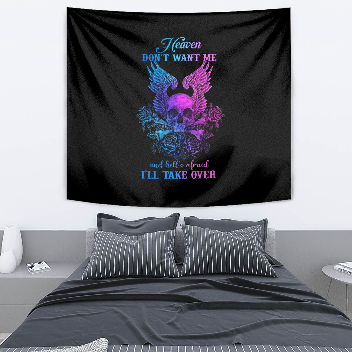 Wings Skull Tapestry Heaven Don't Want Me Hell Afraid I Take Over - Wonder Print Shop