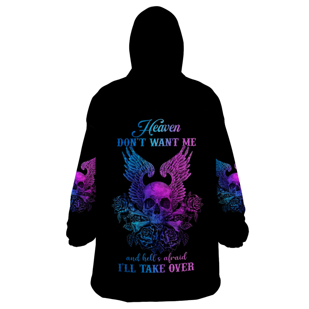 Wings Skull Wearable Blanket Hoodie Heaven Don't Want Me Hell Afraid I Take Over - Wonder Print Shop