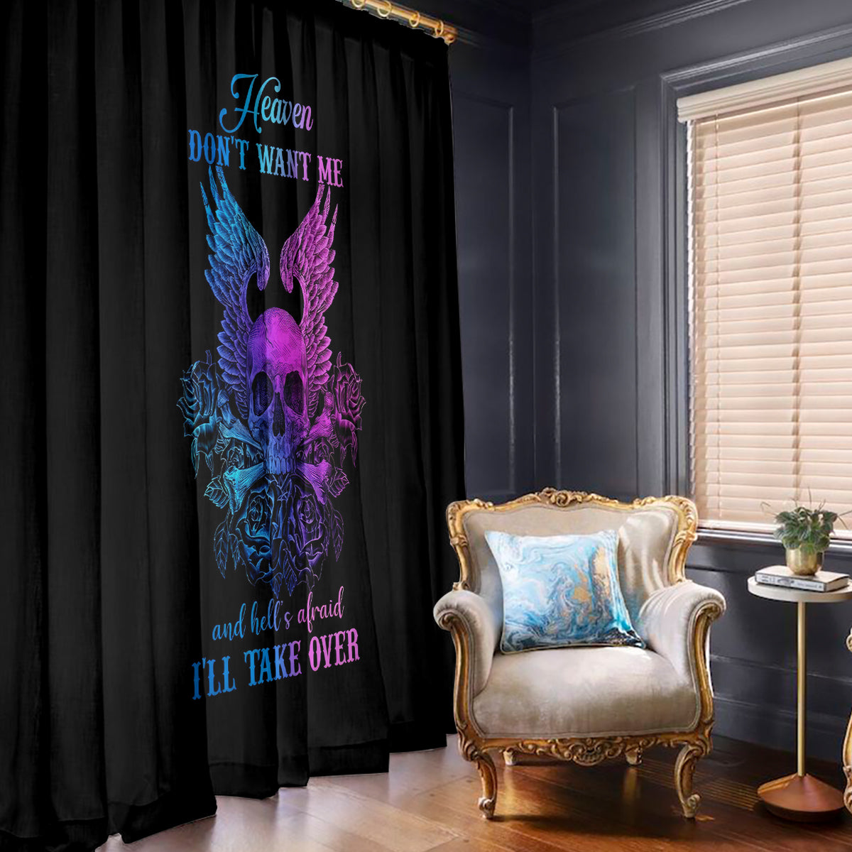Wings Skull Window Curtain Heaven Don't Want Me Hell Afraid I Take Over - Wonder Print Shop