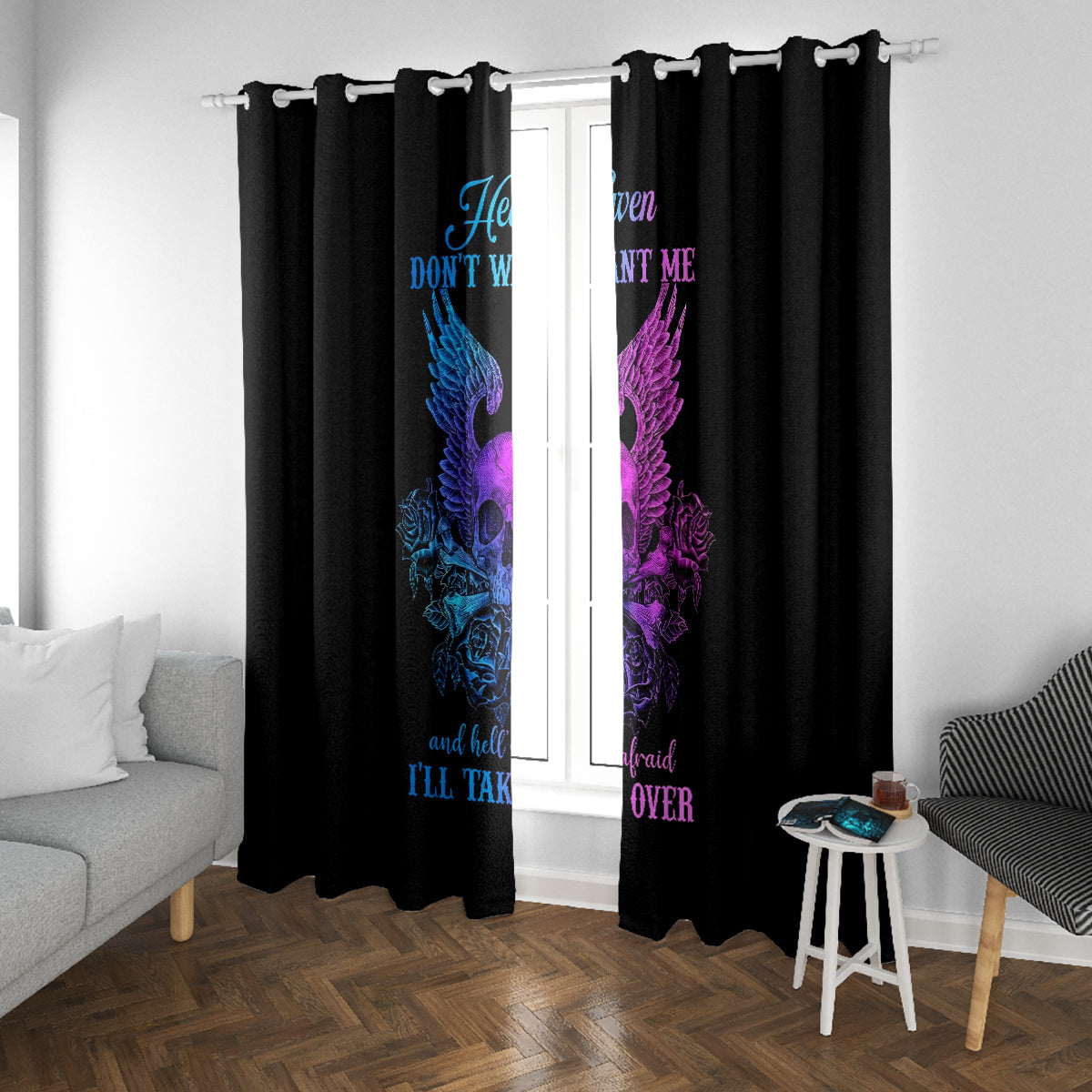Wings Skull Window Curtain Heaven Don't Want Me Hell Afraid I Take Over - Wonder Print Shop