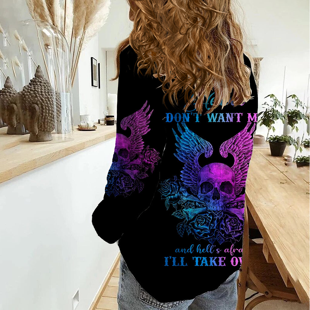 Wings Skull Women Casual Shirt Heaven Don't Want Me Hell Afraid I Take Over - Wonder Print Shop