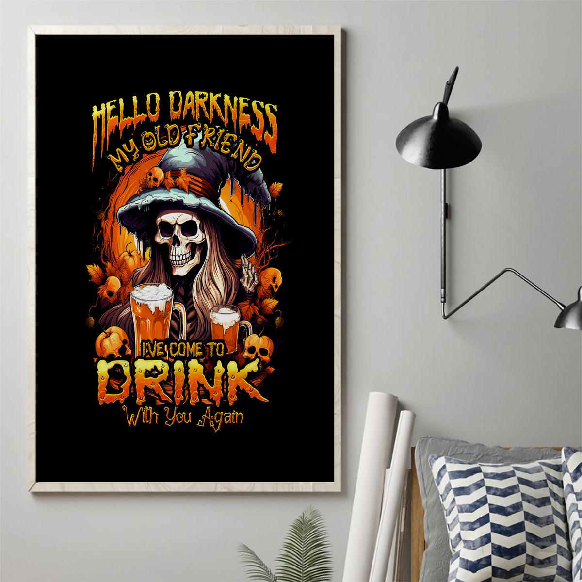 Witch Skull Canvas Wall Art Hello Darkness My Old Friend I Come To Drink With You - Wonder Print Shop