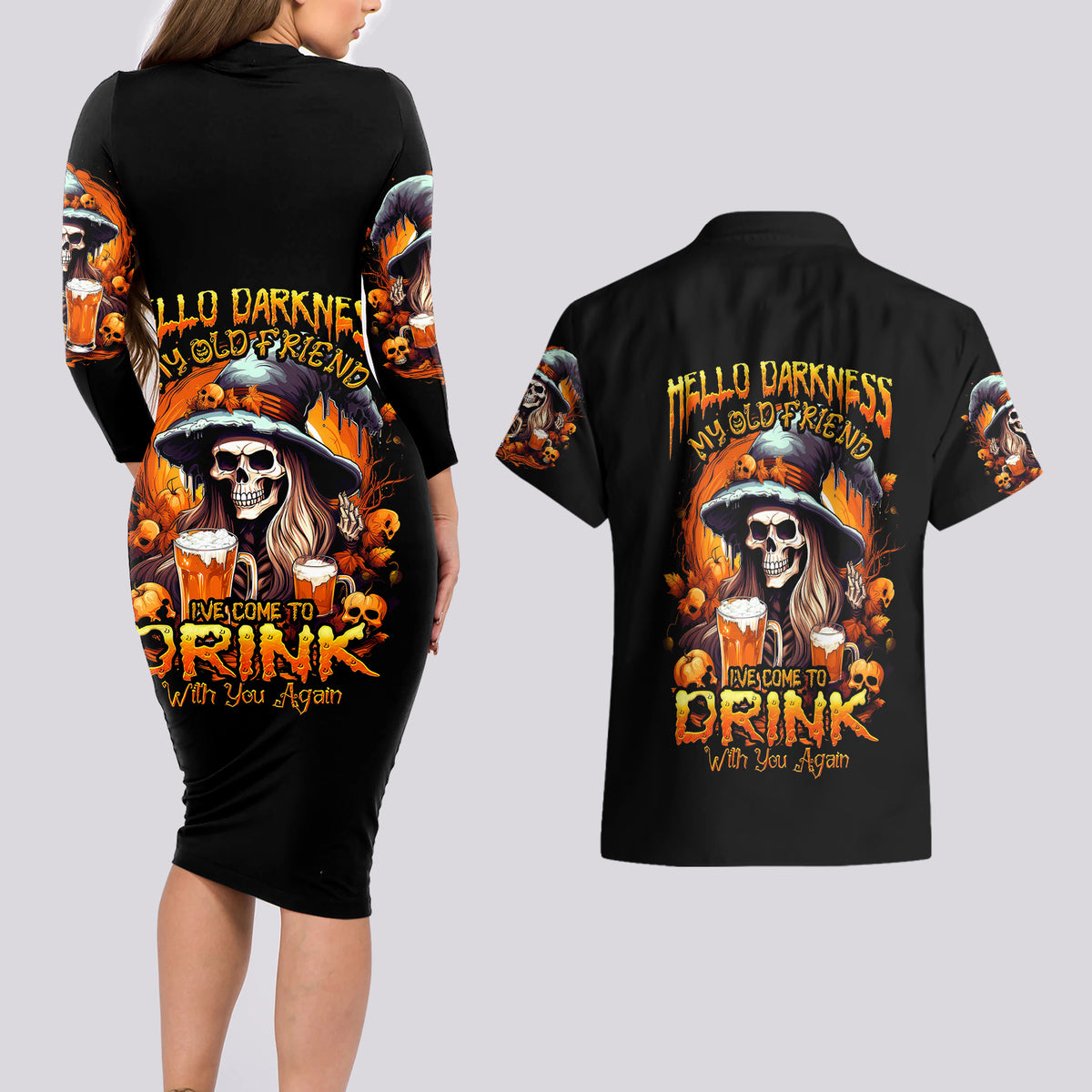 Witch Skull Couples Matching Long Sleeve Bodycon Dress and Hawaiian Shirt Hello Darkness My Old Friend I Come To Drink With You - Wonder Print Shop