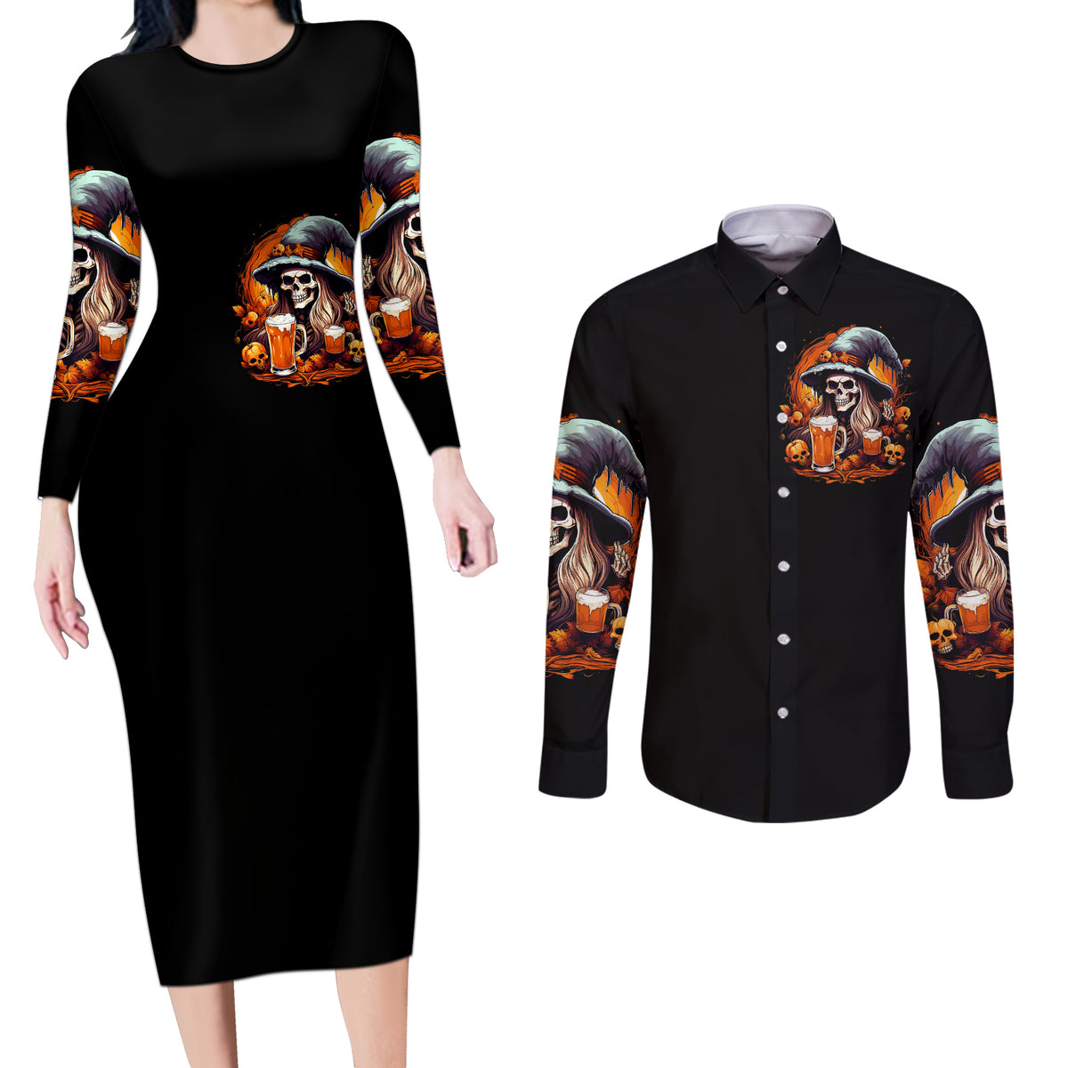 Witch Skull Couples Matching Long Sleeve Bodycon Dress and Long Sleeve Button Shirts Hello Darkness My Old Friend I Come To Drink With You - Wonder Print Shop