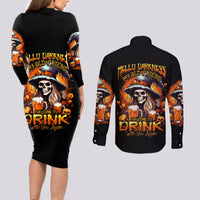 Witch Skull Couples Matching Long Sleeve Bodycon Dress and Long Sleeve Button Shirts Hello Darkness My Old Friend I Come To Drink With You - Wonder Print Shop