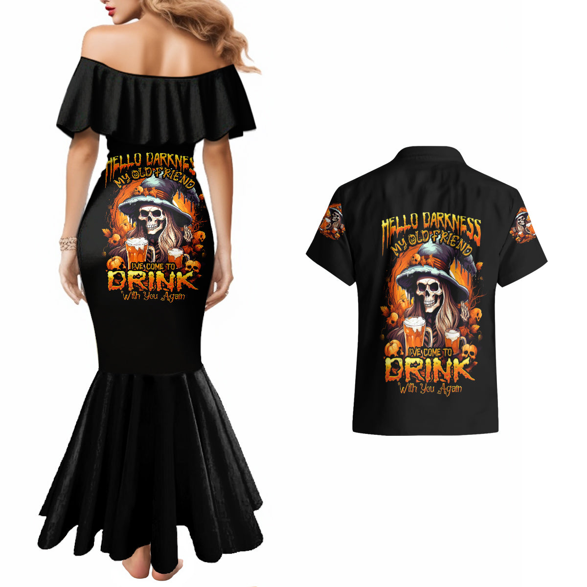 Witch Skull Couples Matching Mermaid Dress and Hawaiian Shirt Hello Darkness My Old Friend I Come To Drink With You - Wonder Print Shop