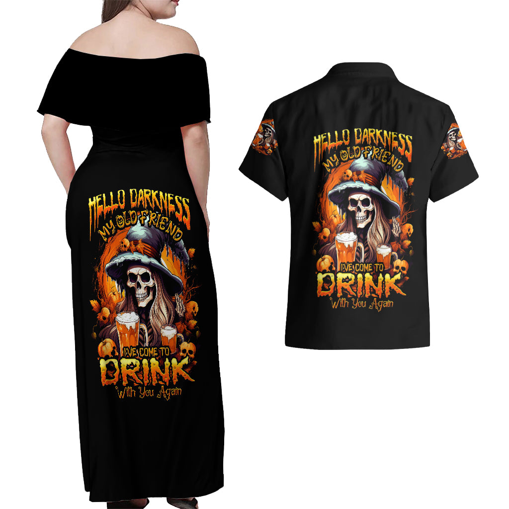 Witch Skull Couples Matching Off Shoulder Maxi Dress and Hawaiian Shirt Hello Darkness My Old Friend I Come To Drink With You - Wonder Print Shop