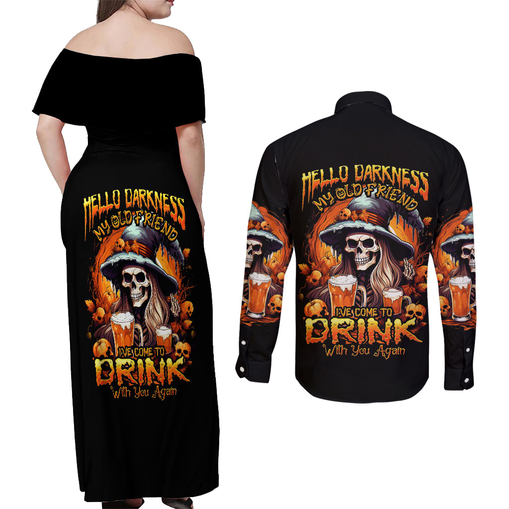 Witch Skull Couples Matching Off Shoulder Maxi Dress and Long Sleeve Button Shirts Hello Darkness My Old Friend I Come To Drink With You - Wonder Print Shop