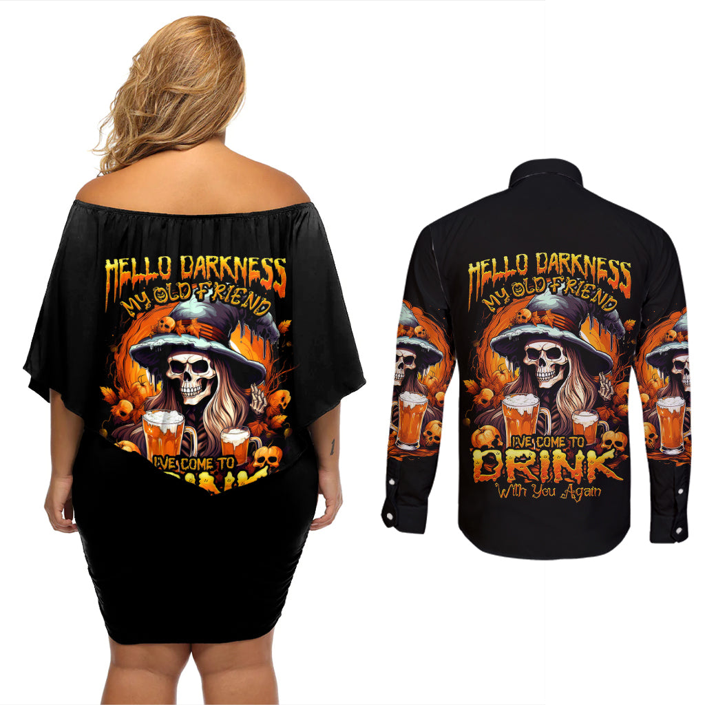Witch Skull Couples Matching Off Shoulder Short Dress and Long Sleeve Button Shirts Hello Darkness My Old Friend I Come To Drink With You - Wonder Print Shop