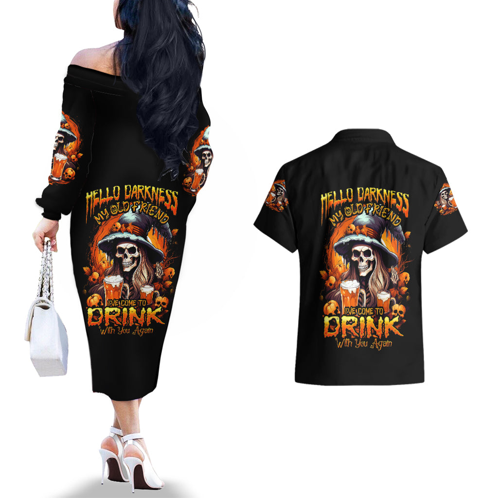 Witch Skull Couples Matching Off The Shoulder Long Sleeve Dress and Hawaiian Shirt Hello Darkness My Old Friend I Come To Drink With You - Wonder Print Shop