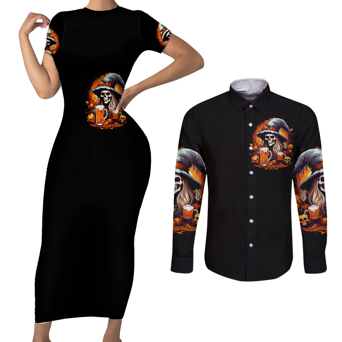 Witch Skull Couples Matching Short Sleeve Bodycon Dress and Long Sleeve Button Shirts Hello Darkness My Old Friend I Come To Drink With You - Wonder Print Shop