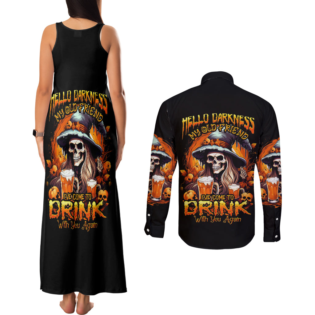 Witch Skull Couples Matching Tank Maxi Dress and Long Sleeve Button Shirts Hello Darkness My Old Friend I Come To Drink With You - Wonder Print Shop