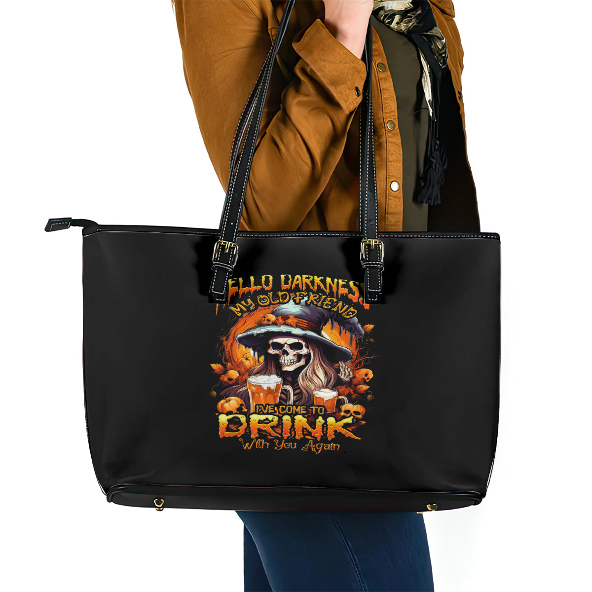 Witch Skull Leather Tote Bag Hello Darkness My Old Friend I Come To Drink With You - Wonder Print Shop