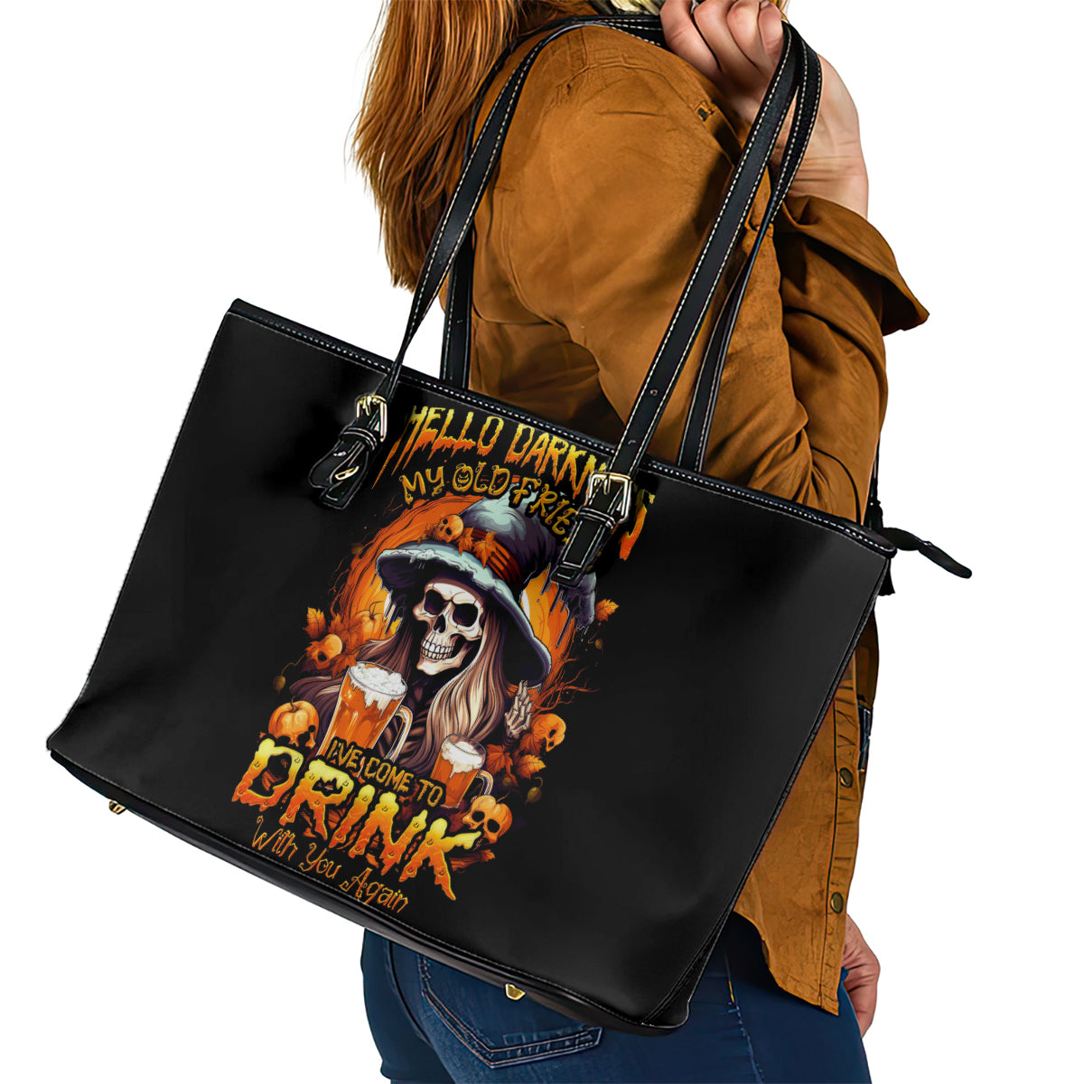 Witch Skull Leather Tote Bag Hello Darkness My Old Friend I Come To Drink With You - Wonder Print Shop