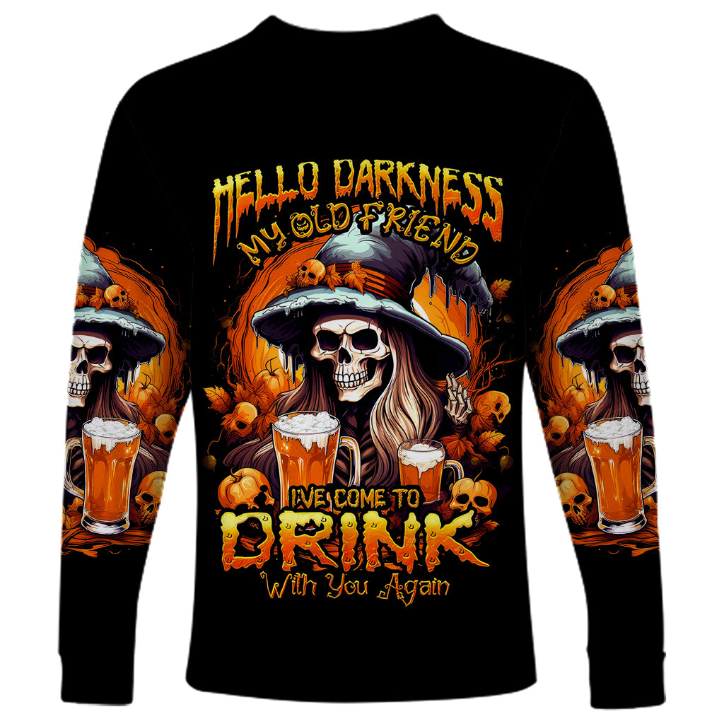 Witch Skull Long Sleeve Shirt Hello Darkness My Old Friend I Come To Drink With You - Wonder Print Shop