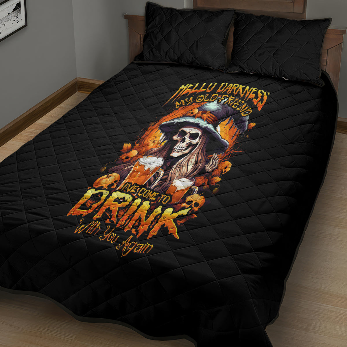 Witch Skull Quilt Bed Set Hello Darkness My Old Friend I Come To Drink With You - Wonder Print Shop