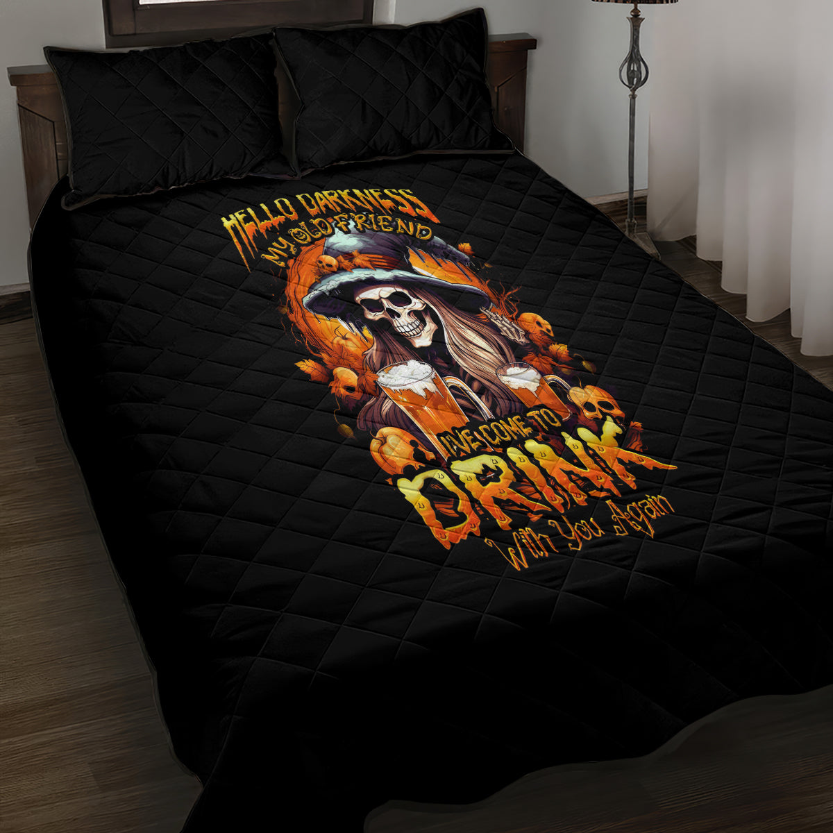Witch Skull Quilt Bed Set Hello Darkness My Old Friend I Come To Drink With You - Wonder Print Shop