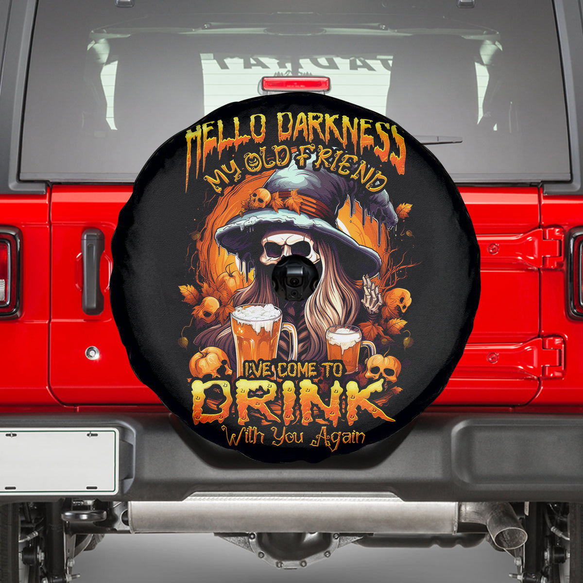 Witch Skull Spare Tire Cover Hello Darkness My Old Friend I Come To Drink With You - Wonder Print Shop