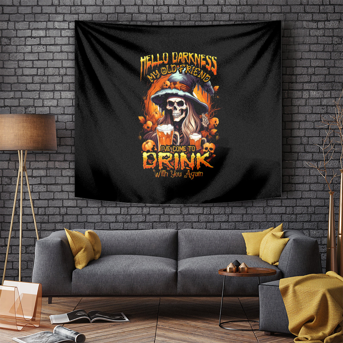 Witch Skull Tapestry Hello Darkness My Old Friend I Come To Drink With You - Wonder Print Shop