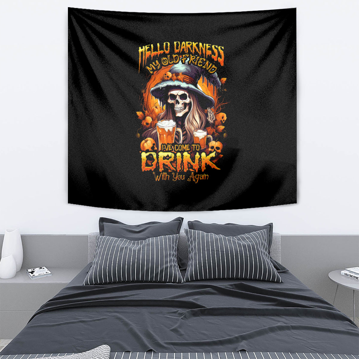 Witch Skull Tapestry Hello Darkness My Old Friend I Come To Drink With You - Wonder Print Shop