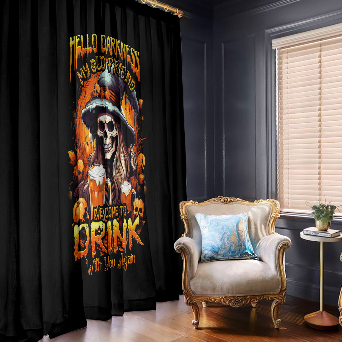 Witch Skull Window Curtain Hello Darkness My Old Friend I Come To Drink With You - Wonder Print Shop