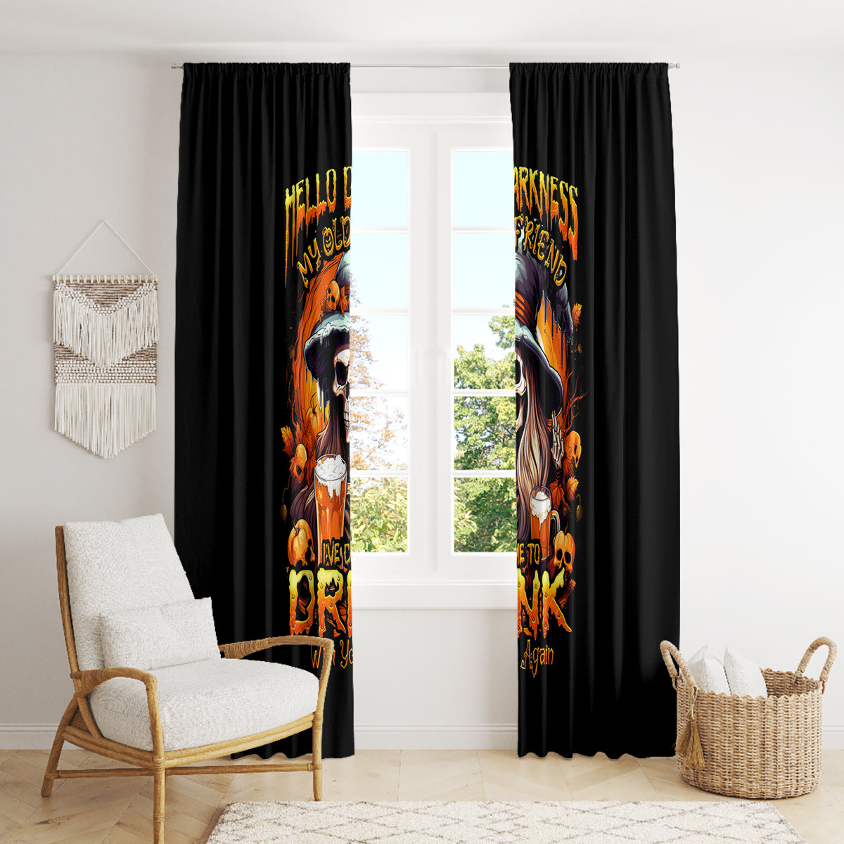 Witch Skull Window Curtain Hello Darkness My Old Friend I Come To Drink With You - Wonder Print Shop
