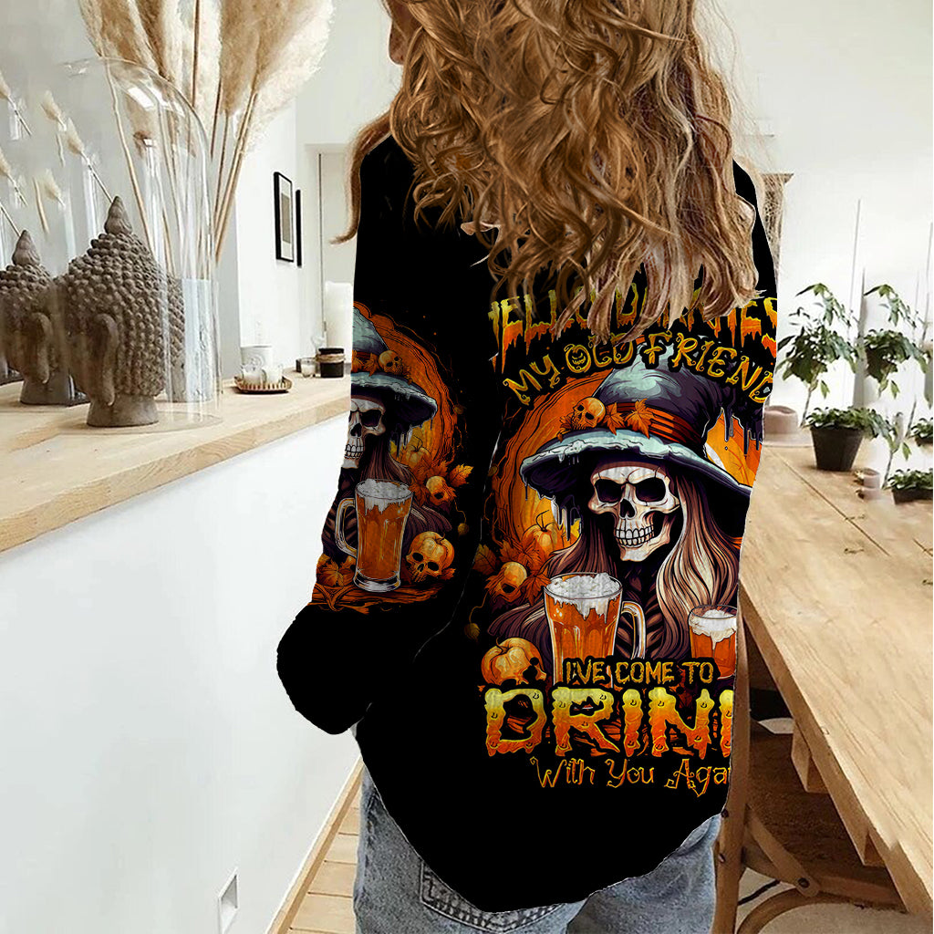 Witch Skull Women Casual Shirt Hello Darkness My Old Friend I Come To Drink With You - Wonder Print Shop