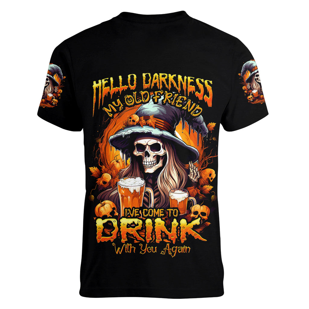 Witch Skull Women V Neck T Shirt Hello Darkness My Old Friend I Come To Drink With You - Wonder Print Shop