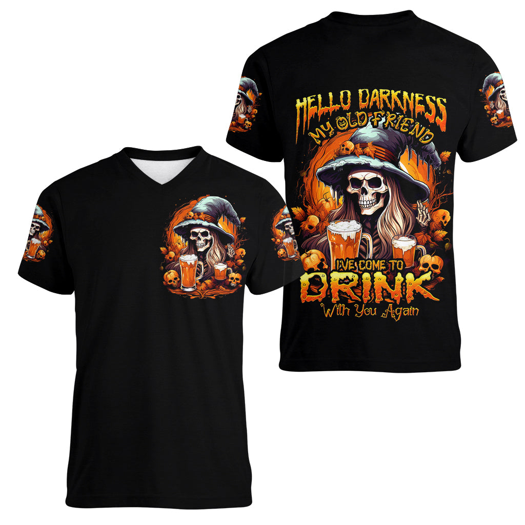 Witch Skull Women V Neck T Shirt Hello Darkness My Old Friend I Come To Drink With You - Wonder Print Shop