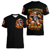 Witch Skull Women V Neck T Shirt Hello Darkness My Old Friend I Come To Drink With You - Wonder Print Shop