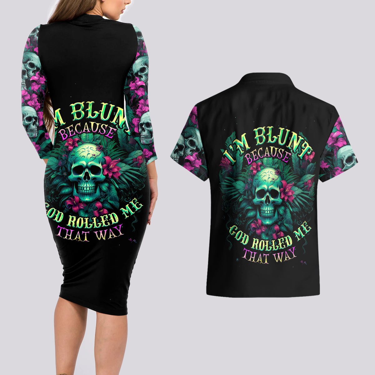 Tropical Skull Couples Matching Long Sleeve Bodycon Dress and Hawaiian Shirt I'm Blunt Because God Rolled Me That Way - Wonder Print Shop