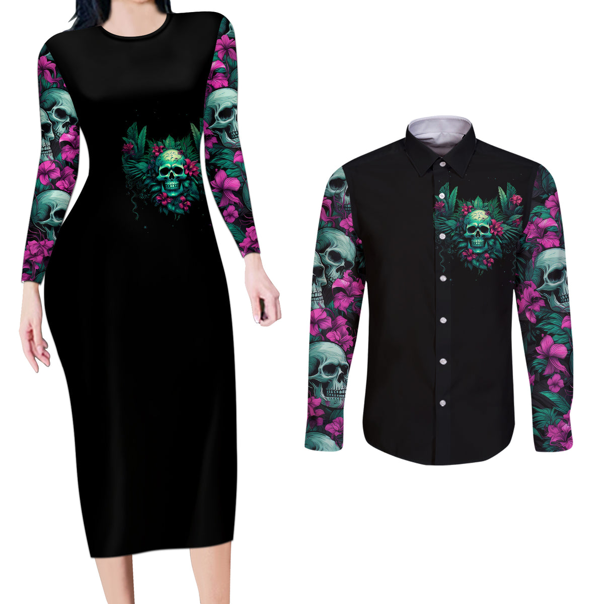 Tropical Skull Couples Matching Long Sleeve Bodycon Dress and Long Sleeve Button Shirts I'm Blunt Because God Rolled Me That Way - Wonder Print Shop