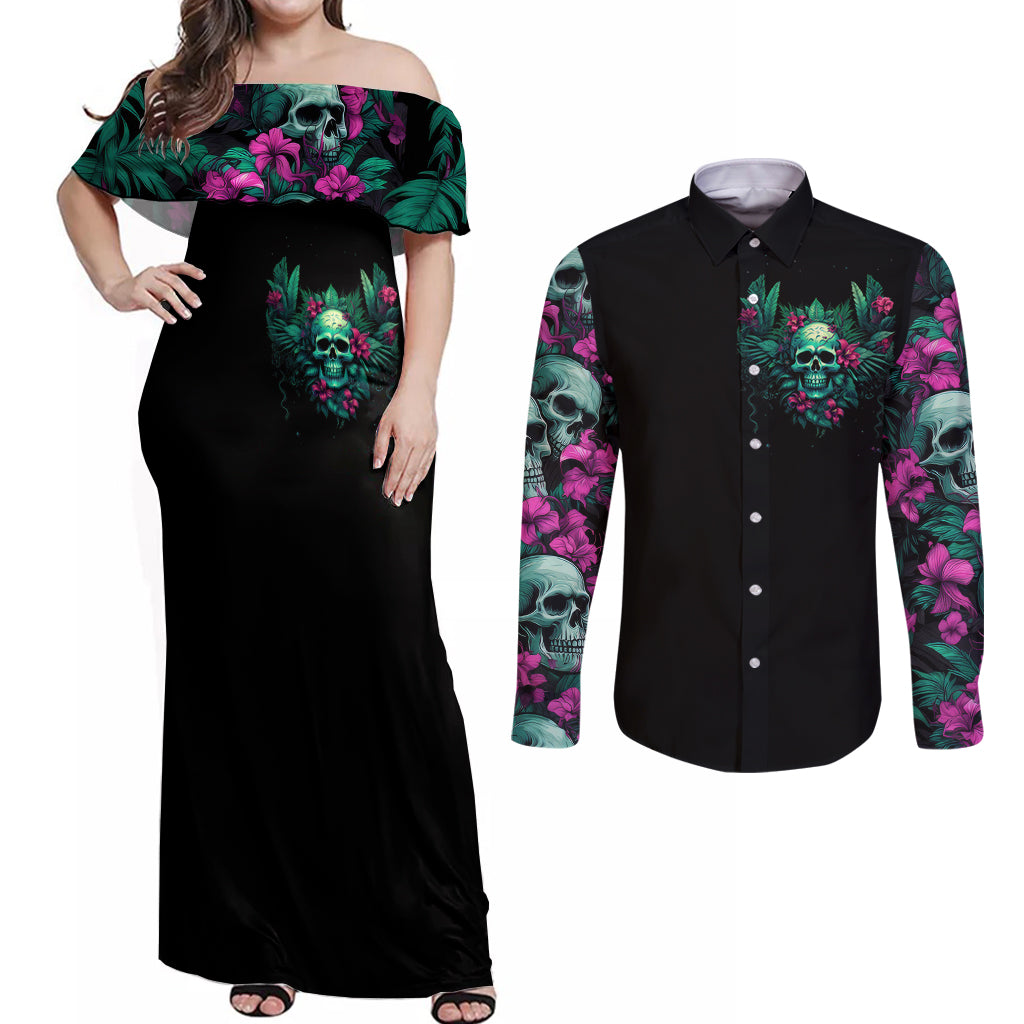 Tropical Skull Couples Matching Off Shoulder Maxi Dress and Long Sleeve Button Shirts I'm Blunt Because God Rolled Me That Way - Wonder Print Shop