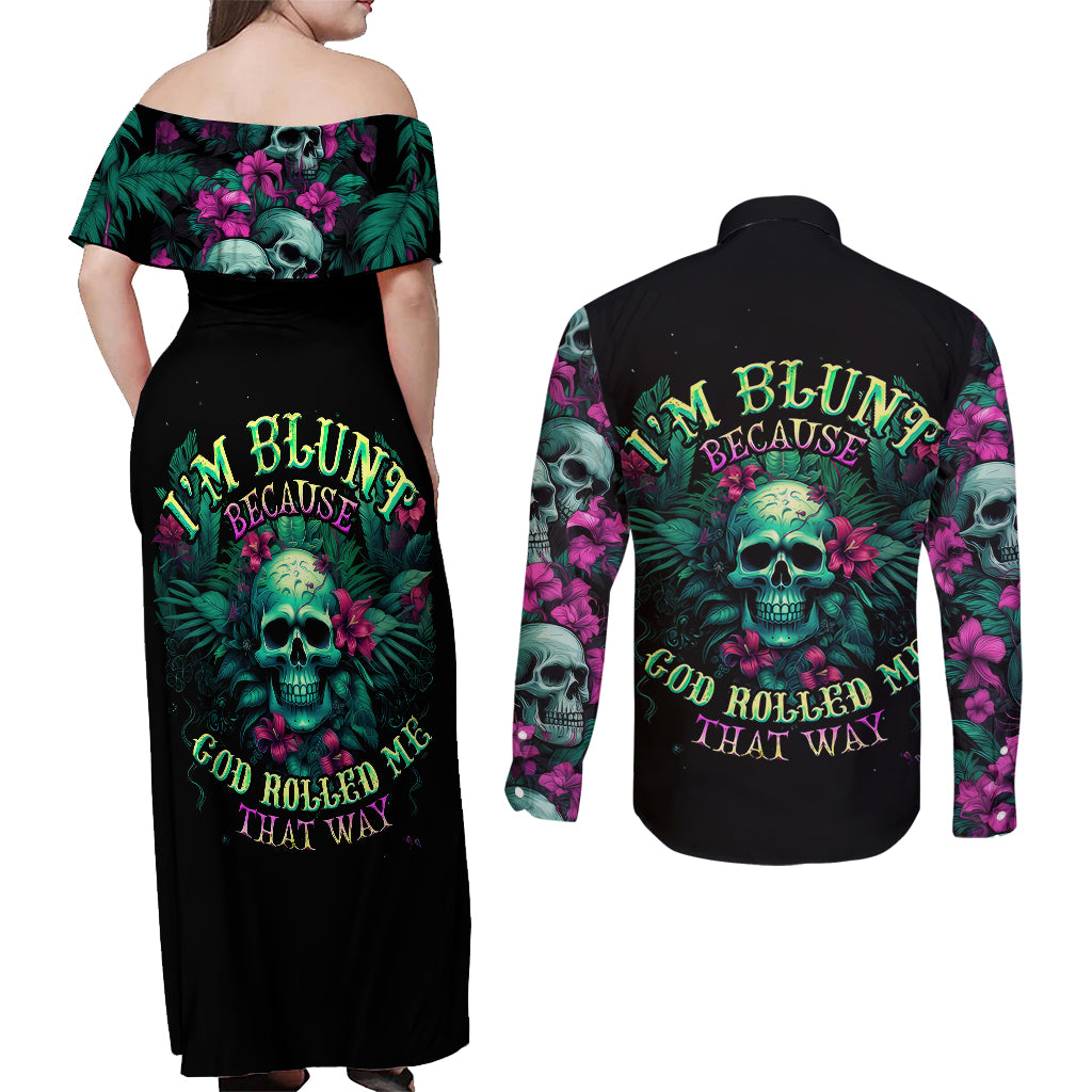 Tropical Skull Couples Matching Off Shoulder Maxi Dress and Long Sleeve Button Shirts I'm Blunt Because God Rolled Me That Way - Wonder Print Shop