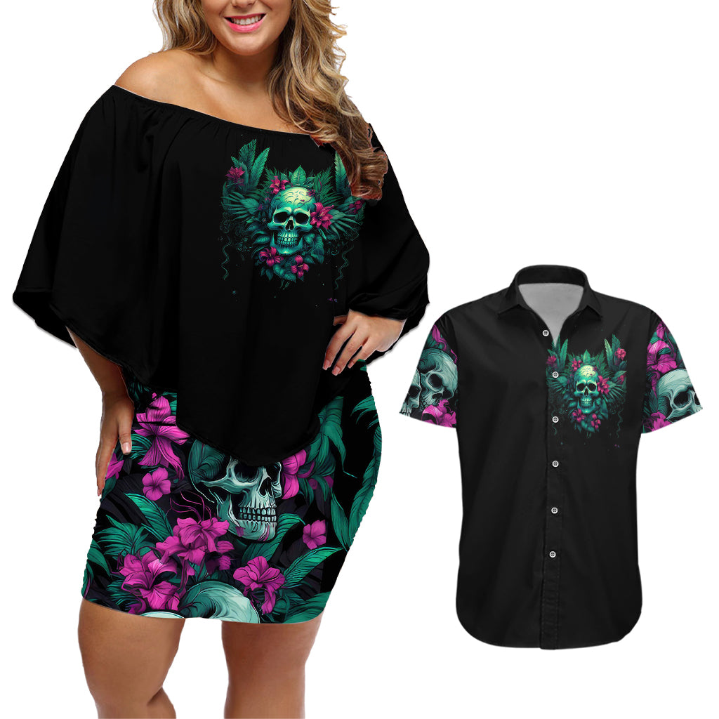 Tropical Skull Couples Matching Off Shoulder Short Dress and Hawaiian Shirt I'm Blunt Because God Rolled Me That Way - Wonder Print Shop