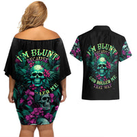 Tropical Skull Couples Matching Off Shoulder Short Dress and Hawaiian Shirt I'm Blunt Because God Rolled Me That Way - Wonder Print Shop