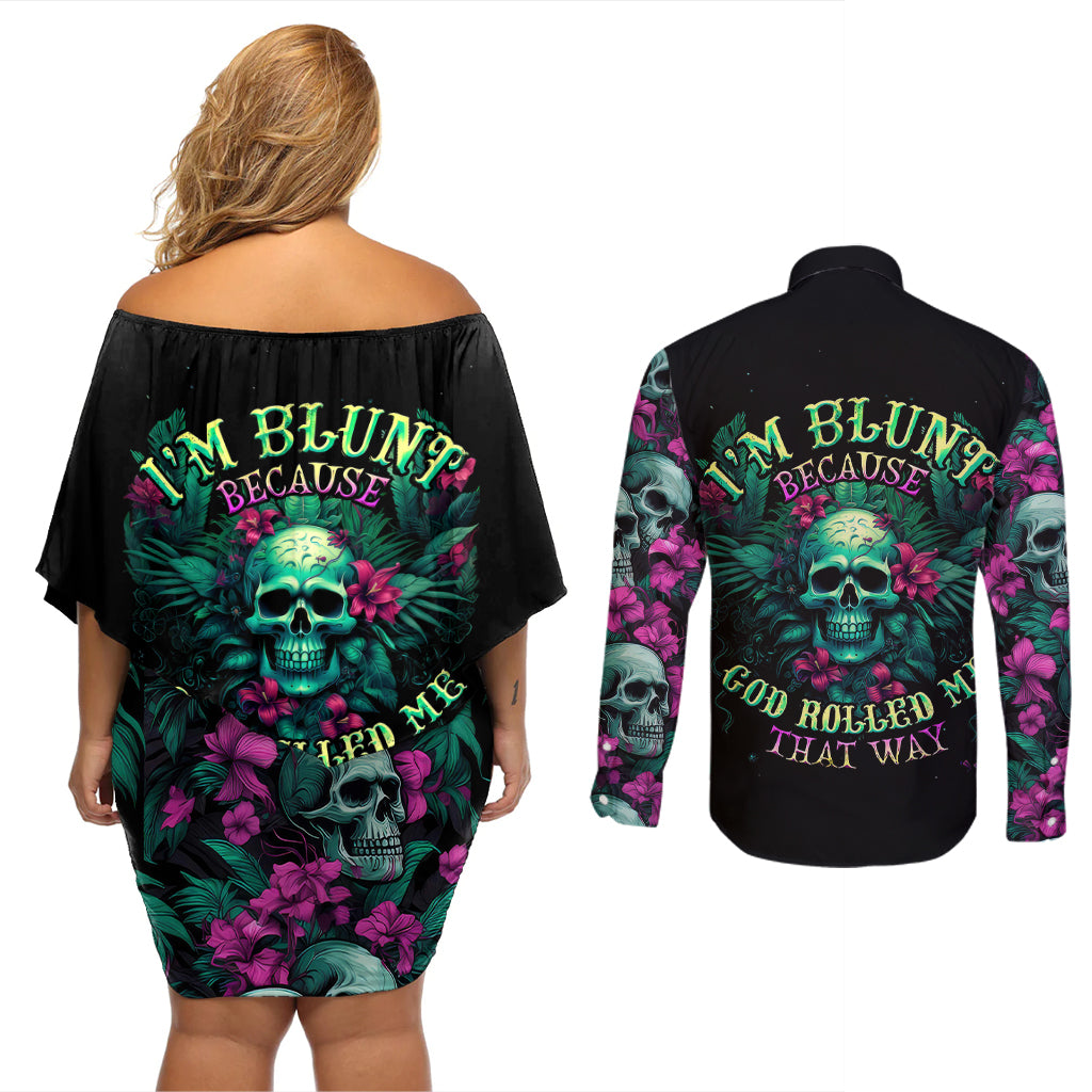 Tropical Skull Couples Matching Off Shoulder Short Dress and Long Sleeve Button Shirts I'm Blunt Because God Rolled Me That Way - Wonder Print Shop