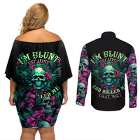 Tropical Skull Couples Matching Off Shoulder Short Dress and Long Sleeve Button Shirts I'm Blunt Because God Rolled Me That Way - Wonder Print Shop